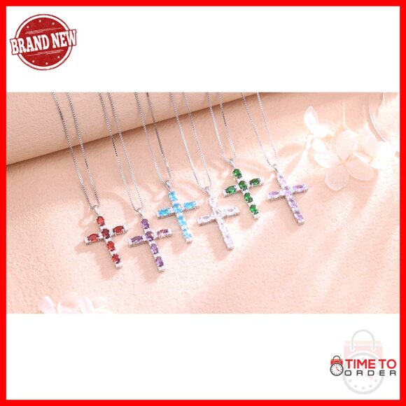 Sterling Silver Cross Pendant Necklace Oval Birthstone Religious Jewelry Gift - Picture 7 of 7